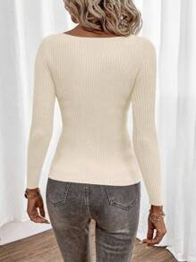 SHEIN Clasi Boat Neck Ribbed Knit Sweater,Long Sleeve Tops In Fall/Winter - Apricot - View 2