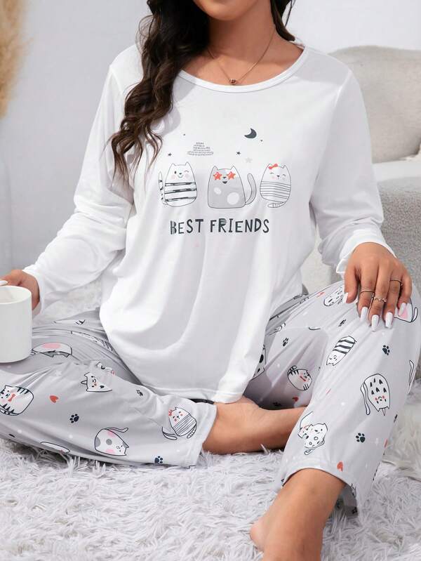 Conjunto de pijama de talla grande con top de manga larga y pantalones estampados con dibujos animados, ropa de otoño e invierno