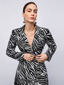 Maija 斑馬紋圍裹側打結西裝外套 - 黑與白 - 查看 7
