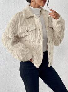 SHEIN Frenchy 翻蓋細節泰迪熊夾克 - 杏色 - 查看 3