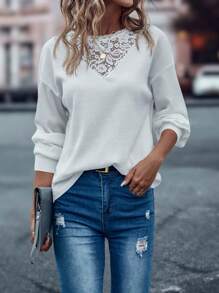 SHEIN LUNE Chèn ren Guipure Áo thun Thả vai - trắng - Xem 3