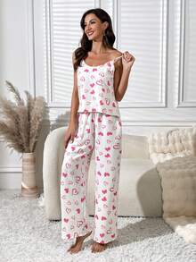Heart Print Cami Top & Wide Leg Pants PJ Set - White - View 3