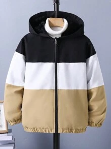 男大童撞色拉鏈開襟連帽毛絨內襯夾克無毛衣 - 黑色 - 查看 4