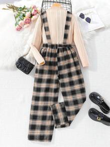 SHEIN Tween Girl Embroidery Letter Pattern T-shirt & Plaid Print Suspender Pants - Multicolor - View 2