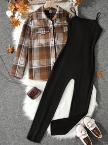 青少年女孩格紋印花翻蓋口袋襯衫&吊帶連體褲