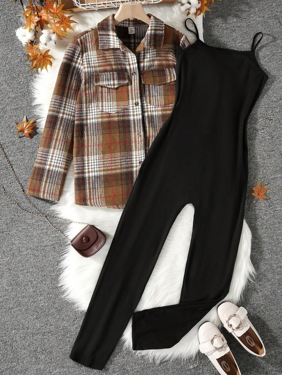青少年女孩格紋印花翻蓋口袋襯衫&吊帶連體褲