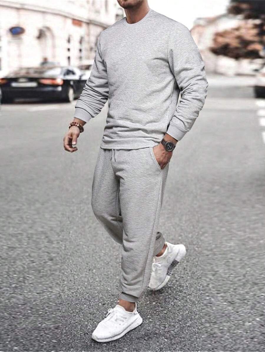 Manfinity Homme Men Solid Sweatshirt & Sweatpants - Light Grey - View 1