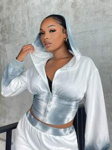 SHEIN X GiudiceGirls Solid Hook And Eye Crop Hoodie - Dusty Blue - View 8