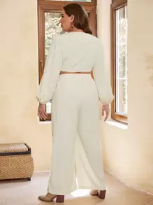 SHEIN VCAY Hơn Nút viền Top Cây trồng & Quần ống rộng - Màu be - Xem 2