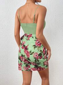 SHEIN Privé Floral Print Knot Side Cami Dress - Mint Green - View 2