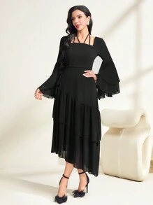 Modelyn Solid Long Flounce Sleeve Ruffle Hem Modest Dress Long Evening Dresses