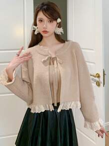 DAZY Lá sen tỉa Tie Trước Thả vai Cắt sửa áo lông cừu - Màu be - Xem 5
