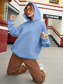 SHEIN EZwear 素色落肩袖抽繩加絨內裏連帽衫 - 藍色 - 查看 6