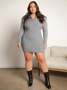 SHEIN BASICS Plus Zipper Front Ribbed Knit Sweater Dress - Dark Grey - View 3