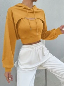 SHEIN Unity 2 件套：落肩长袖短款抽绳连帽衫和宽松上衣 - 黃色 - 查看 4