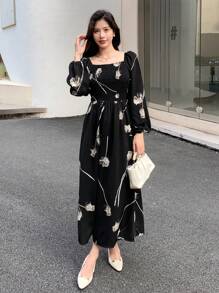 DAZY Vestido de cuello cuadrado con estampado floral, vestido de lechera, volantes, vestido largo de manga larga para otoño