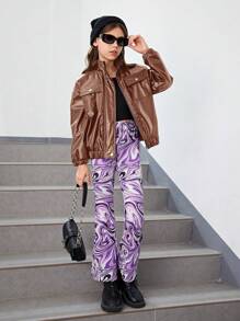 SHEIN Tween Girl Flap Pocket Drop Shoulder PU Leather Jacket - Rust Brown - View 5