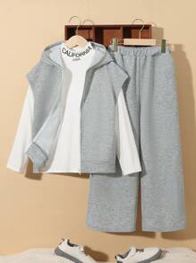 SHEIN Tween Boy 1pc Letter Graphic Mock Neck Tee & Zipper Up Jacket & Wide Leg Pants