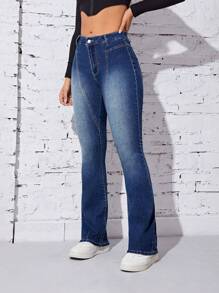 SHEIN Privé High Waist Flare Leg Jeans - Medium Wash - View 5