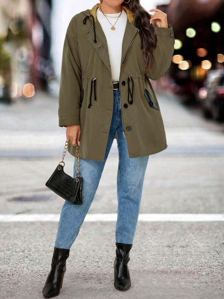 Plus Drawstring Waist Drop Shoulder Hooded Parka Padded Coat Clothes Winter