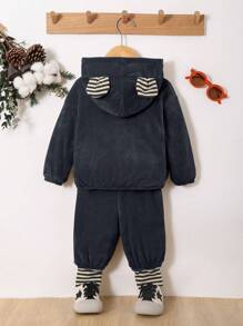 SHEIN 2 pièces Ensemble sweat-shirt à capuche et pantalon bébé unisexe, décoration d'oreille couleur contrastée, doublé thermique, épaissi - Multicolore - Voir 5