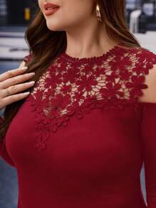 SHEIN Clasi Blusa con encaje de guipur y hombros al descubierto talla grande - Burdeos - Ver 4