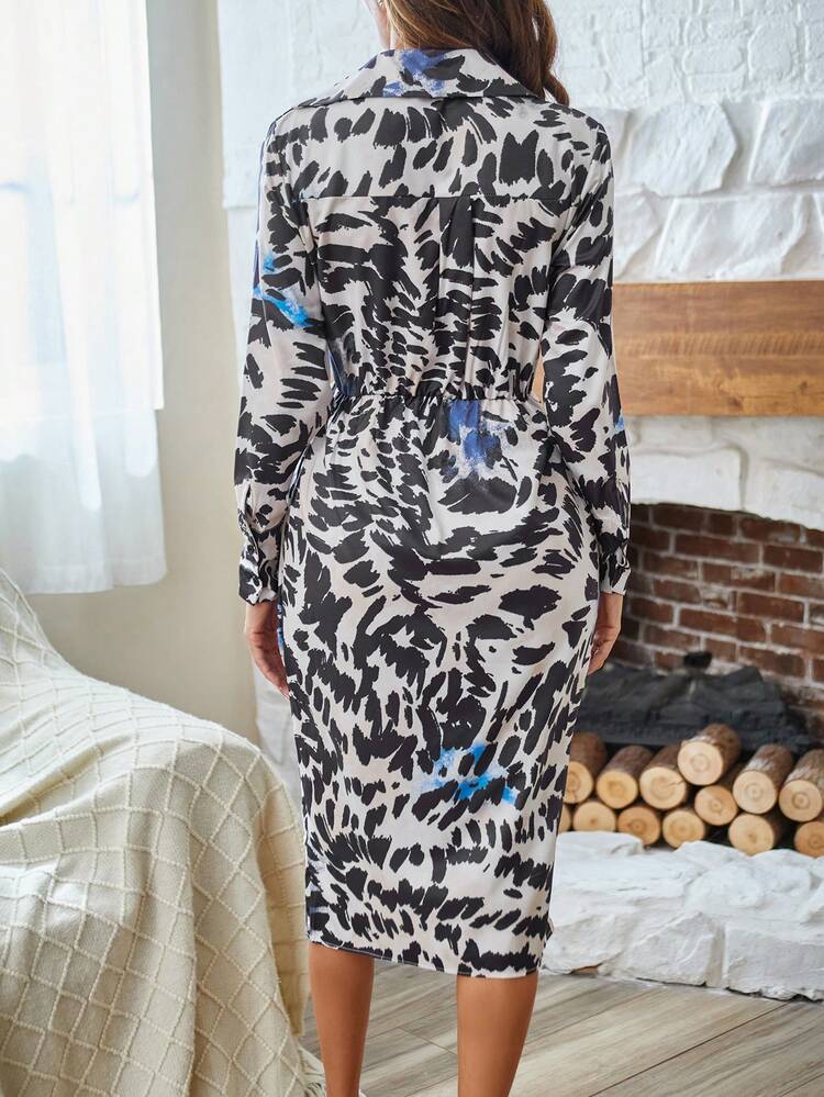 Allover Print Surplice Neck Wrap Hem Dress Fall Cloth For Women