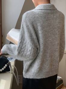 DAZY Quarter Zip Drop Shoulder Cable Knit Sweater - Light Grey - View 2