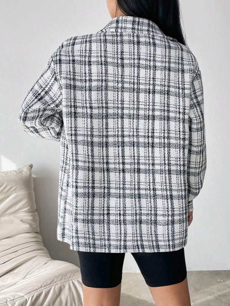 Plaid Print Drop Shoulder Flap Pocket Coat