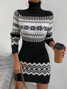 Chiquease Geo Pattern Turtleneck Sweater Dress Fall Cloth For Women - Multicolor - View 7