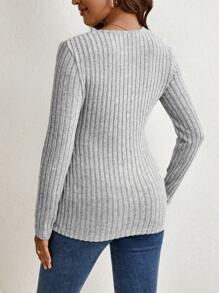 SHEIN Áo thun dệt kim gân có thắt lưng viền cong cho bà bầu, tay dài - Màu Xám nhạt - Xem 2