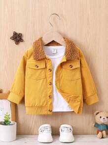 Bebé niño Cazadora cuello de borreguito con bolsillo con solapa con botón delantero sin camiseta - Amarillo - Ver 1