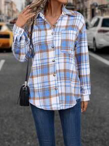 SHEIN LUNE 格紋印花落肩袖襯衫 - 藍色 - 查看 5