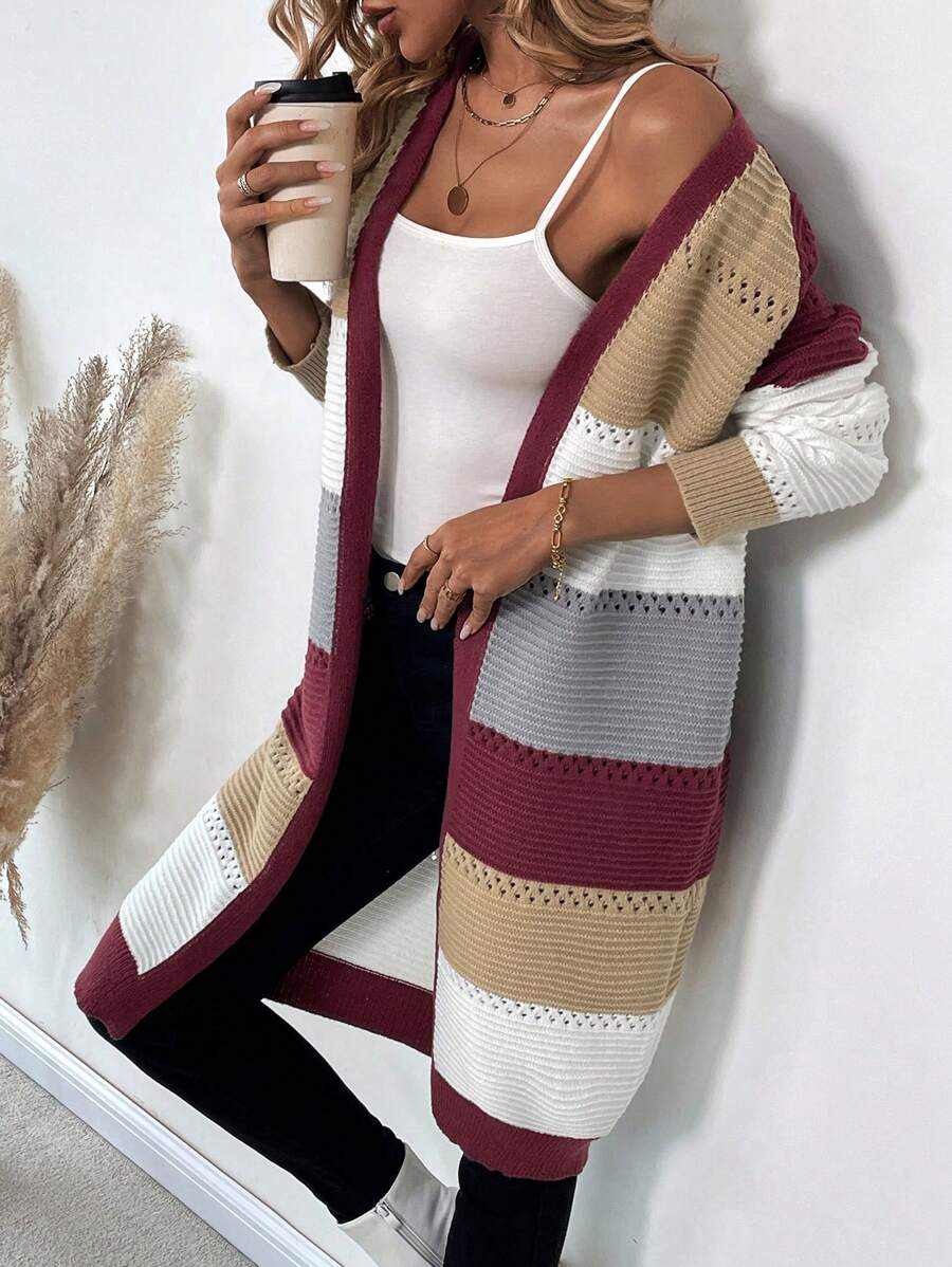 SHEIN LUNE Color Block Drop Shoulder Pointelle Knit Duster Cardigan - Multicolor - View 1