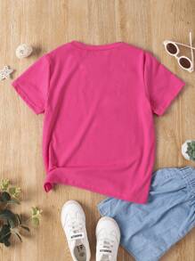 SHEIN Cô gái Tween Đồ họa hoa & chữ Áo thun - Màu Hồng Tươi - Xem 2