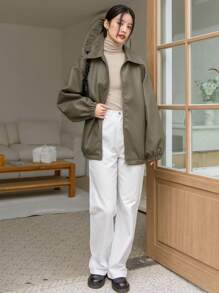 DAZY 落肩袖斜口袋PU皮革夾克 - 橄欖綠 - 查看 5