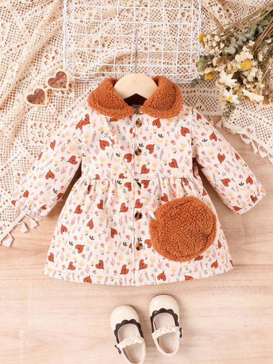 Baby Girl Floral Print Borg Collar Dress With Bag - Multicolor - View 1