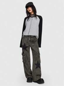 ROMWE Grunge Punk Pantalones vaqueros tipo cargo para novio con bolsillos con solapa y estampado de estrellas, para la escuela