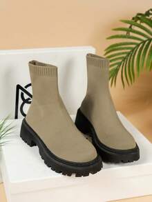 女士针织时尚靴子、2023年新款女士踝靴、女士黑色厚底高跟时尚靴子、女士秋冬靴子、女士户外战斗靴、女士性感黑色靴子、女士万圣节踝靴、女士厚底靴子、女士度假季厚底高跟靴子 - 杏色 - 查看 6