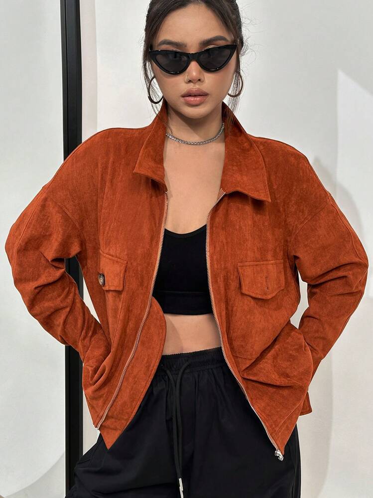 SHEIN Unity Túi có nắp Thả vai Dây kéo Áo khoác vải nhung - màu nâu - Xem 6