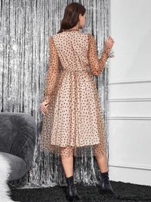 SHEIN Clasi Cà vạt tay áo lá sen In Toàn bộ Váy lưới che phủ - Màu Khaki - Xem 2