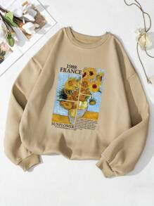SHEIN Essnce Sudadera con girasol & con estampado de slogan con forro térmico - Caqui - Ver 1