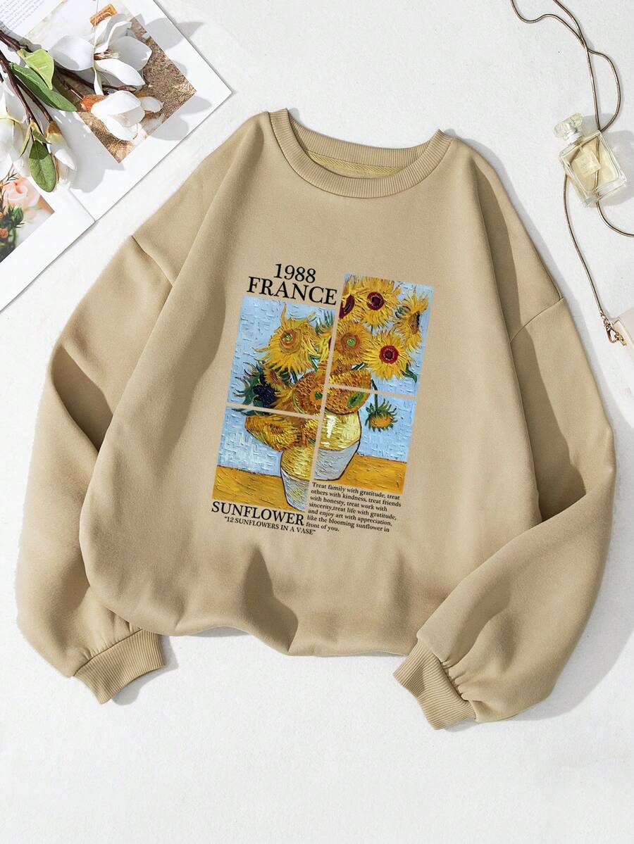 SHEIN Essnce Sudadera con girasol & con estampado de slogan con forro térmico - Caqui - Ver 1