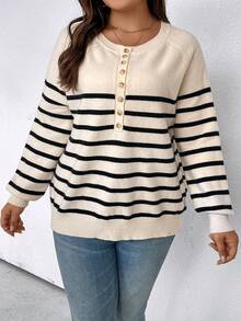 SHEIN LUNE Hơn Mẫu sọc Nút Nửa Tay Raglan Áo len - Nhiều màu - Xem 3