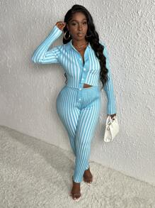 Slaydiva Striped Pattern Cardigan & Knit Pants - Multicolor - View 5