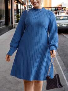 SHEIN LUNE Plus Mock Neck Lantern Sleeve Ribbed Knit Dress Without Belt - Multicolor - View 4
