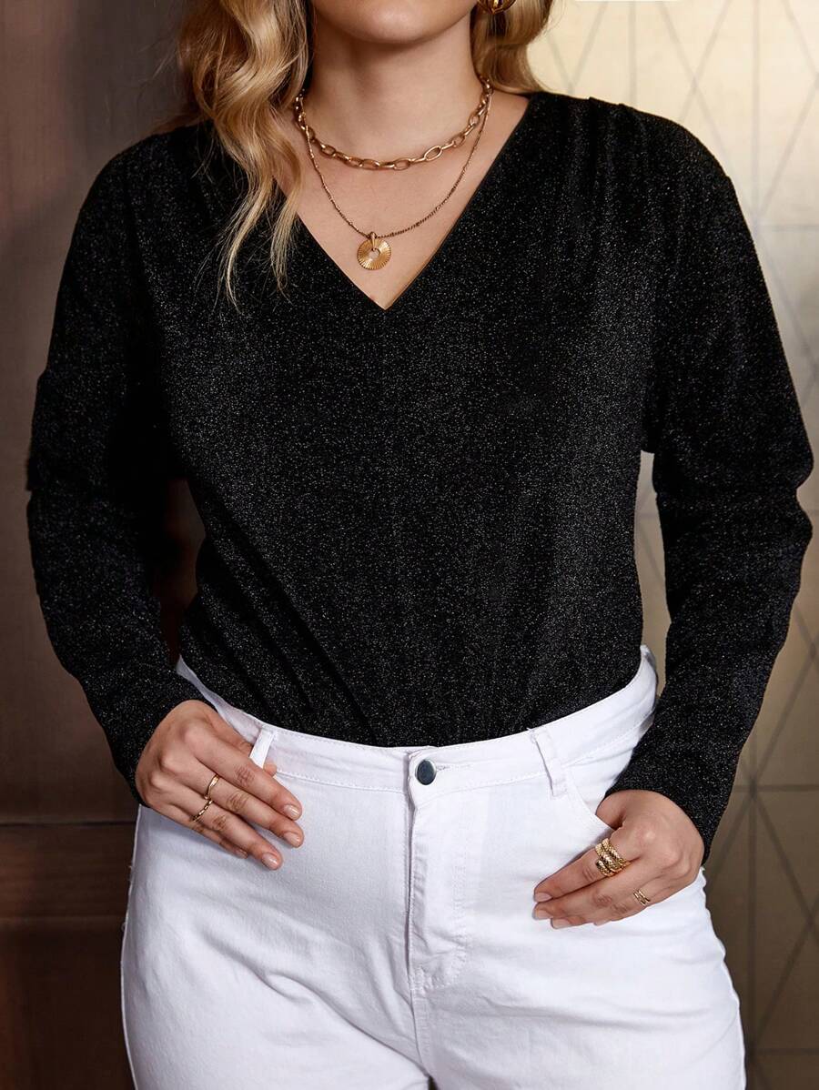 SHEIN Clasi 大碼V領金屬亮絲連身背心 - 黑色 - 查看 1