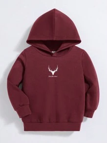 SHEIN 小男孩鹿角和标语图案卫衣 - 酒紅色 - 查看 1