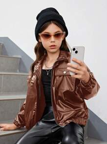 SHEIN Tween Girl Flap Pocket Drop Shoulder PU Leather Jacket - Rust Brown - View 7