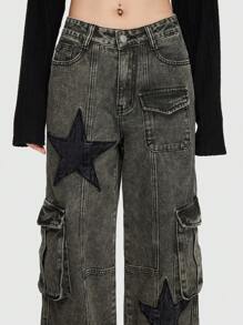 ROMWE Grunge Punk Pantalones vaqueros tipo cargo para novio con bolsillos con solapa y estampado de estrellas, para la escuela